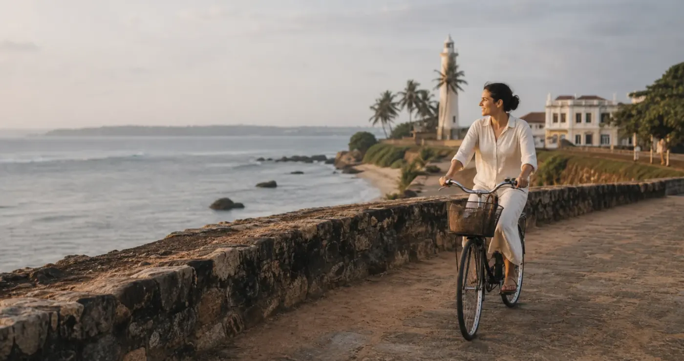 A cyclist riding beside Galle Fort and the lighthouse.